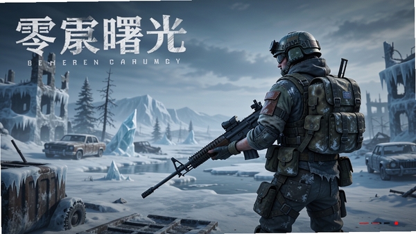 零度曙光游戏宣传图,冰封废土场景中一名全副武装的幸存者手持步枪眺望远方,画面风格写实冷峻,突出开放世界生存射击氛围
