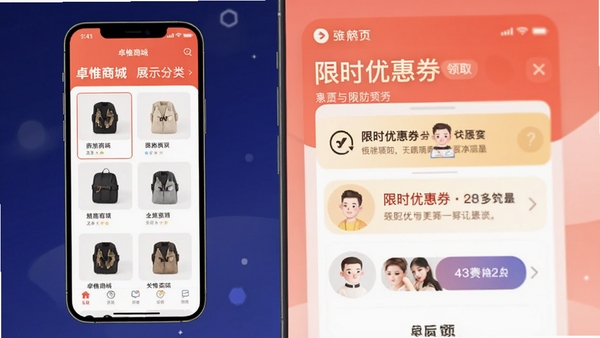 卓惟商城APP首页展示商品分类导航与限时优惠券领取界面的手机界面设计图