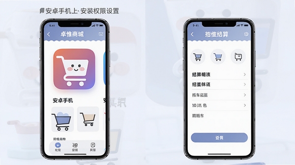 卓惟商城APP在安卓手机上的安装权限设置步骤示意图与购物车结算界面展示