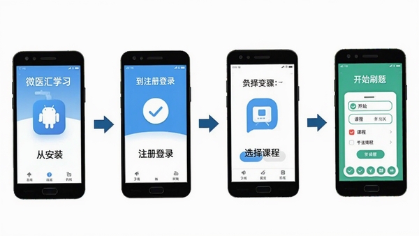 微医汇学习APP在手机上的安装使用流程图,展示从下载安装到注册登录、选择课程、开始刷题的完整操作步骤,界面简洁清晰,配以安卓手机图标和箭头指引