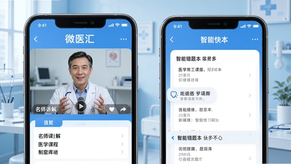 微医汇学习APP界面展示医学课程与题库刷题功能,手机屏幕中呈现名师视频讲解和智能错题本页面,背景为简洁医疗蓝色调,突出学习场景