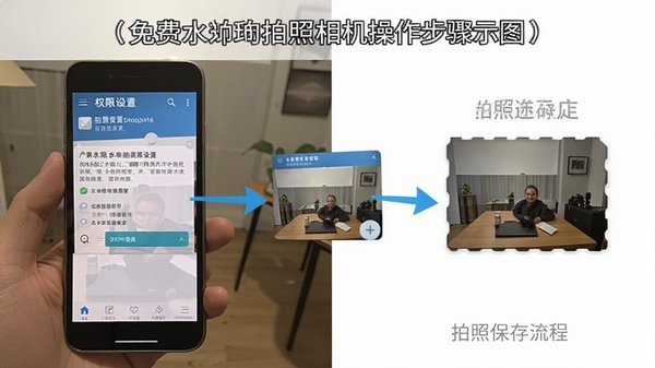 免费水印拍照相机操作步骤示意图,展示手机端权限设置与拍照保存流程