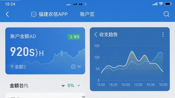 福建农信APP账户总览界面手机截图,简洁蓝色金融风格,展示余额卡片与收支趋势图