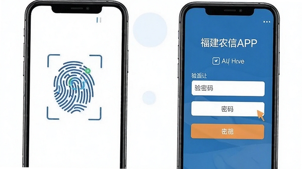 福建农信APP安全登录界面示意图,展示指纹识别与密码输入双重验证场景