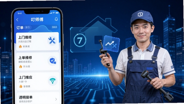 ��ʦ��APP����չʾ���ֻ���Ļ��ʾ����ά�޶����б���ʦ���ӵ���������ɫ�Ƽ��б�����ͻ��������Ӧ��͸�����۹���
