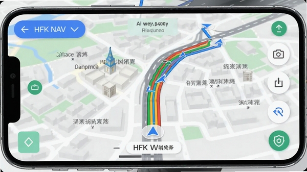 AI生图提示词:手机屏幕显示HFK NAV导航界面,多条彩色路线在地图上延伸,城市道路与地标建筑清晰可见,界面简洁现代,科技感十足