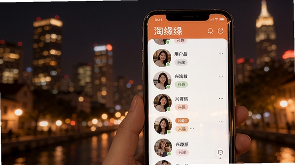 淘缘缘同城交友界面展示,手机屏幕中显示附近用户列表与兴趣标签,背景为温馨的城市夜景,突出社交氛围