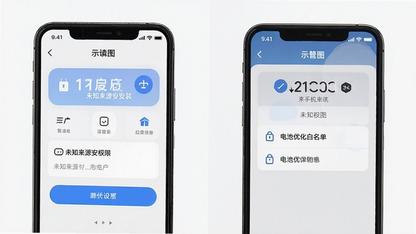 手机安全设置界面示意图,展示如何开启未知来源安装权限与电池优化白名单,画面简洁清晰