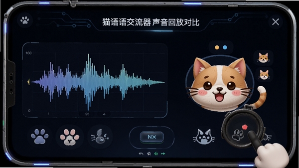 猫语狗语交流器声音回放对比功能界面,波形图与宠物表情符号结合,科技感与可爱风混搭
