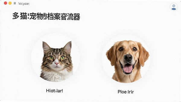 猫语狗语交流器多宠物档案管理页面,两只猫咪一只狗狗头像并列展示,简洁清爽界面
