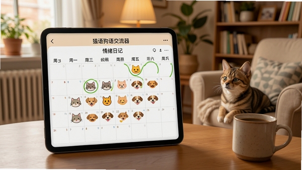 猫语狗语交流器情绪日记界面,日历上标注猫咪狗狗表情图标,温馨居家场景