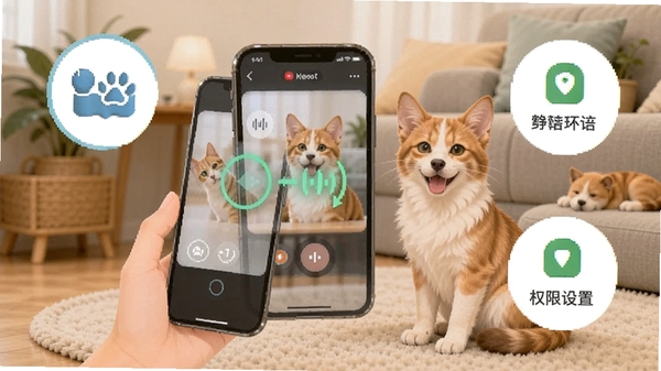 猫语狗语交流器使用技巧示意图,手机录音对准宠物,周围有安静环境标识和权限设置图标