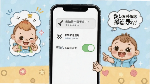 快乐萌宝涂色安装与权限设置示意图,手机屏幕显示允许安装未知来源应用开关,简洁教程风格