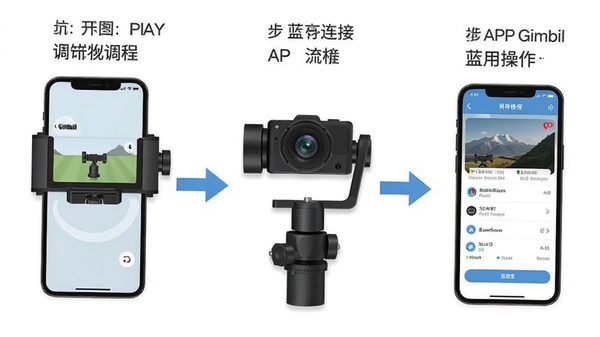 Gimbal Playʹ�ý̳�ʾ��ͼ��չʾ�ֻ���װ����̨��ƽ���������ӡ�APP��������������̣����м�ͷָ�������ֱ�ע���������ֱ��