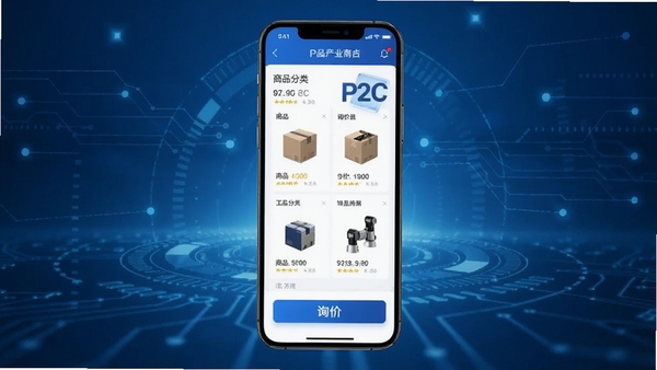 P2C��ҵ�����ֻ�App����չʾ����ҵƷ�ɹ��̳���ҳ����Ʒ����������ѯ�۰�ť��Ŀ����ɫ�Ƽ��б������ִ�������
