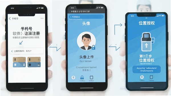 中年惜遇软件注册认证操作流程示意图,手机界面分步骤展示手机号注册、头像上传、位置授权三个环节,简洁明快的扁平化设计风格