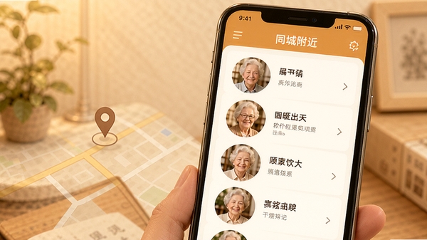 中年惜遇软件同城附近匹配功能界面展示,手机屏幕中呈现地图定位与用户头像列表,暖色调设计风格,适合中老年用户阅读的清晰大字体界面