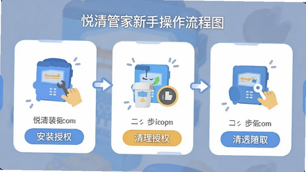 悦清管家新手操作流程图AI生图,展示安装授权清理三步流程,扁平化设计风格