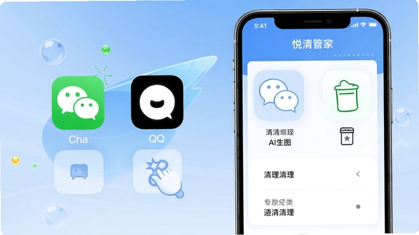 悦清管家应用专清界面AI生图,展示微信QQ等应用图标与分类清理选项,界面清爽