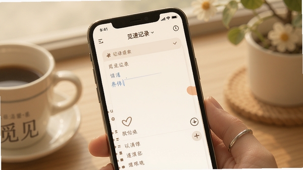 觅见软件极速记录界面展示,手机屏幕中简洁的记录本与输入框,柔和暖色调,突出随手记录的生活感,画面带觅见字样