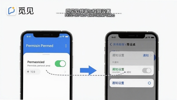 觅见软件安装与权限设置操作示意图,手机屏幕显示权限开关与通知设置界面,清晰指引风格,带觅见名称标识