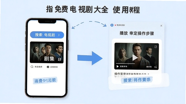 免费电视剧大全使用教程示意图,手机屏幕显示搜索剧集和播放操作步骤,简洁明了的操作指引风格