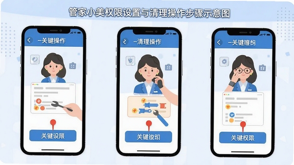 管家小美权限设置与清理操作步骤示意图,手机界面分步展示,清晰标注关键按钮,扁平化设计风格