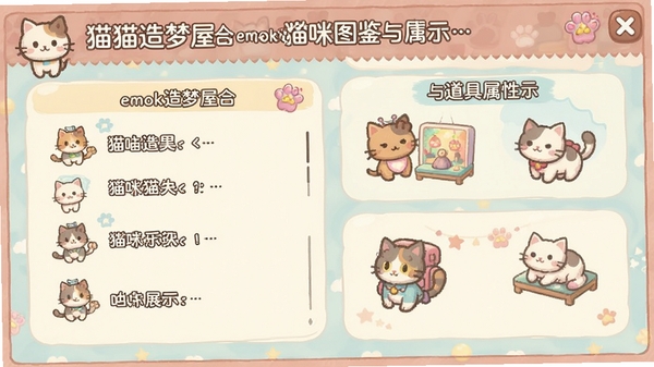 猫猫造梦屋合emoke猫咪图鉴与道具属性展示界面,信息清晰