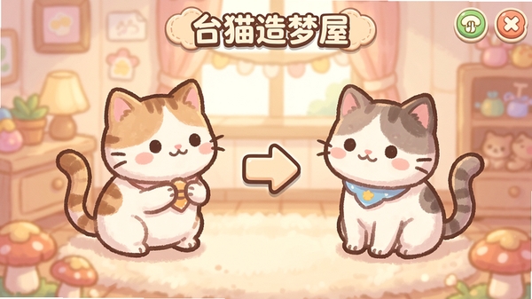 猫猫造梦屋合emoke游戏界面中两只可爱猫咪合成进化的温馨场景,软萌画风