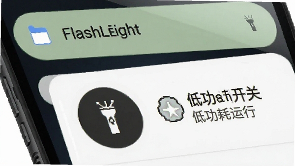FlashLight通知栏快捷开关示意图,手机下拉菜单中显示手电筒快捷按钮,旁边标注低功耗运行标识