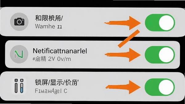 FlashLight应用权限设置界面截图,展示相机权限、通知栏权限和锁屏显示权限的开启状态,配有箭头指引标注