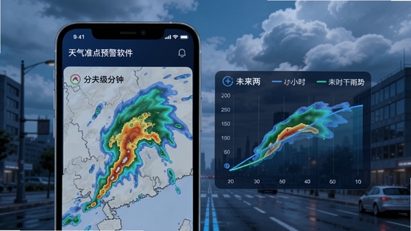 天气准点预警软件界面展示分钟级降水雷达图与未来两小时降雨趋势曲线,手机屏幕特写,背景为城市街景与云层,科技感蓝色调