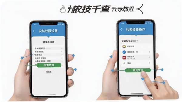 农技千查使用教程示意图,手机屏幕展示安装权限设置与检索操作步骤,配文字标注,简洁明了