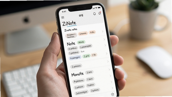 ZiNote笔记软件界面展示,手机屏幕中呈现简洁的笔记列表与标签分类,浅色背景,扁平化设计风格