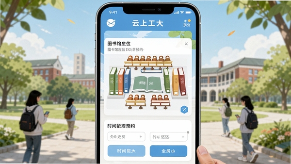 云上工大APP场馆预约界面,展示图书馆座位分布与时间段选择,清新校园风格