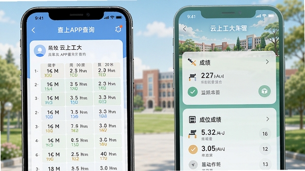 云上工大APP课表查询界面,手机屏幕展示周课表与成绩模块,校园风格UI设计