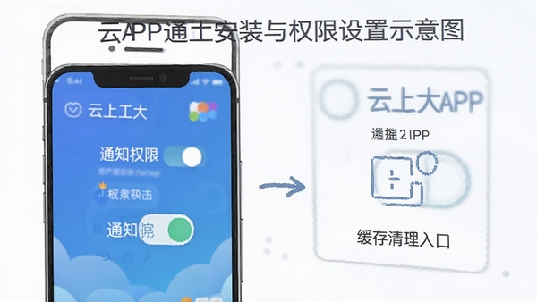 云上工大APP安装与权限设置示意图,手机屏幕展示通知权限开关与缓存清理入口