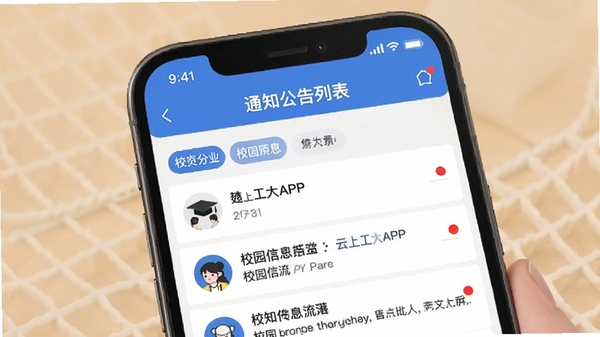 云上工大APP通知公告列表页,展示分类标签与未读红点提醒,校园信息流界面