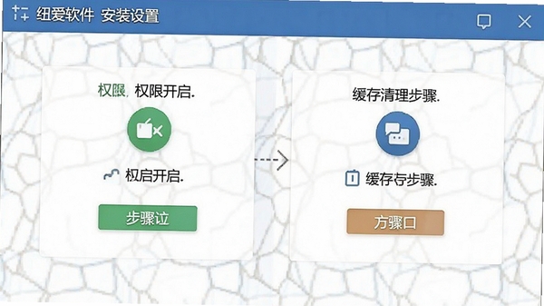 纽爱软件安装设置界面示意图,展示权限开启与缓存清理步骤,简洁清晰
