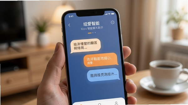 纽爱智能聊天助手手机界面展示,温馨对话气泡与柔和配色,突出陪伴感与科技感