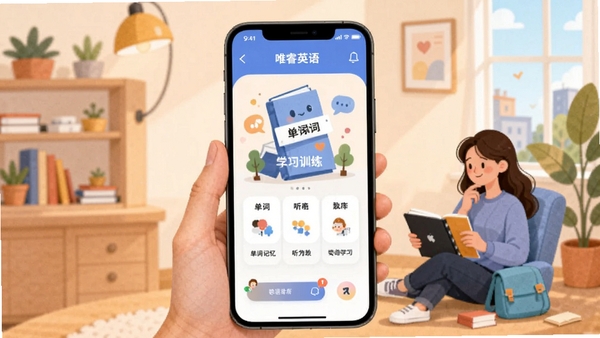 唯睿英语 英语学习软件 手机界面 单词记忆 听力训练 学习场景 插画风格