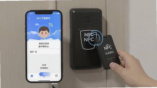 NFC��������ʹ�ý̳�ʾ��ͼ���ֻ������Ž������ģ�⣬��������չʾ�������裬����������NFC��������