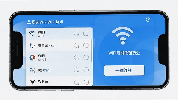 WiFi�������ܳ���������չʾ���ֻ���Ļ��ʾ�ܱ�WiFi�ȵ��б���һ�����Ӱ�ť�������ɫ��UI���