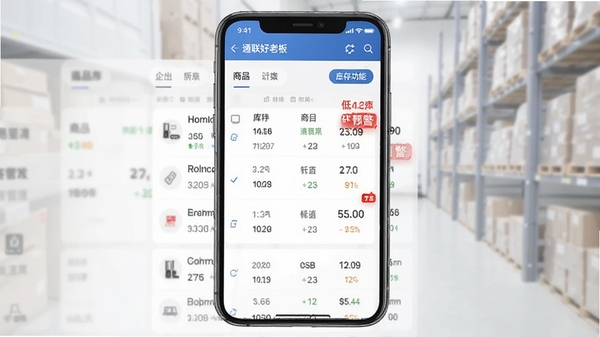 通联好老板库存管理功能界面,手机屏幕显示商品库存列表与低库存红色预警提示,简洁商务风格