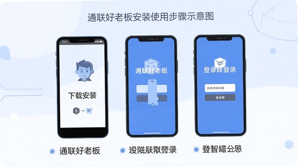 通联好老板安装使用步骤示意图,手机屏幕展示下载安装与登录界面,配简洁文字标注,扁平化设计风格