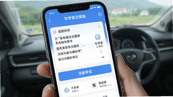 车学堂云南版手机APP界面展示驾考理论题库练习与模拟考试功能