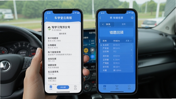车学堂云南版驾考学习场景手机屏幕展示题库练习与错题回顾界面