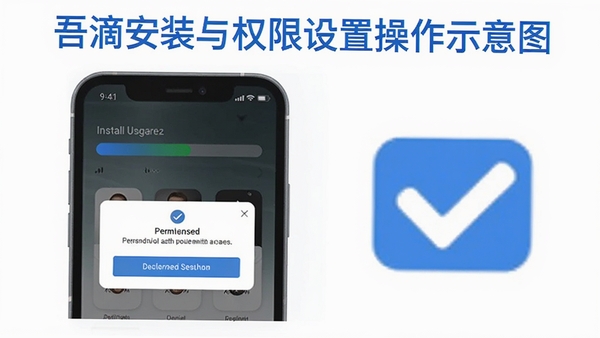 吾滴安装与权限设置操作示意图,手机屏幕显示安装进度条与权限授权弹窗,旁边有勾选提示图标,蓝白配色,清晰直观的教程风格画面