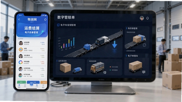 物润网APP运费结算与电子回单管理功能展示图,体现数字化物流管理场景