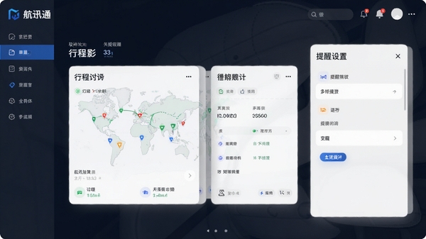 航迅通软件界面功能展示图,包含行程卡片与提醒设置面板,风格简洁现代